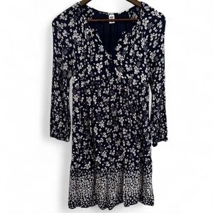 Old Navy Dainty Floral Tiered Dress Navy & White Tie Long Slv Women’s Small Boho